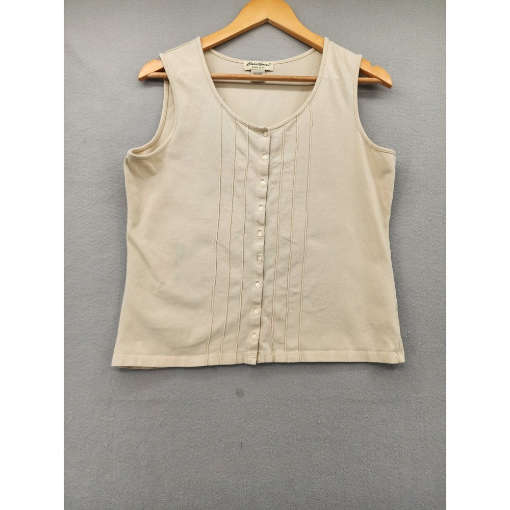 Eddie Bauer Tank Top‎ Large Beige Button Front Pintuck Pleated Cotton Blend